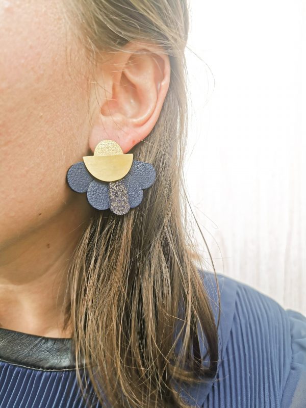 Clou d_oreille_LUNA_doré_plaqué or_cuir_bleu_recyclé Boucle d'oreille LUNAO